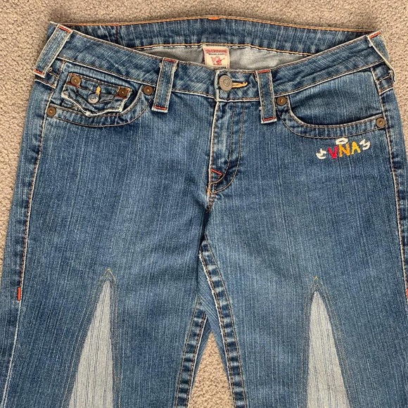 Custom Reworked True Religion Embroidered Flare Blue Jeans - Picture 3 of 7